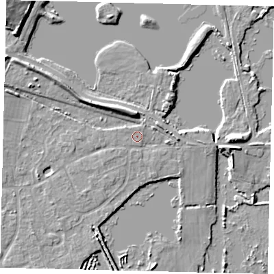 Shaded relief map of the ground around PE196EB, computed from Environment Agency LiDAR. The ground here sits at about 15 m above sea level and falls 11 m across the surrounding 800 m. Surface water reaching this point runs off ground lying to the south-west, 1.3 m higher.