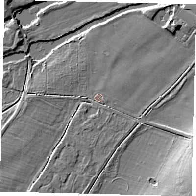 Shaded relief map of the ground around PE196EF, computed from Environment Agency LiDAR. The ground here sits at about 15 m above sea level and falls 13 m across the surrounding 800 m. Surface water reaching this point runs off ground lying to the south-south-east, 0.7 m higher.