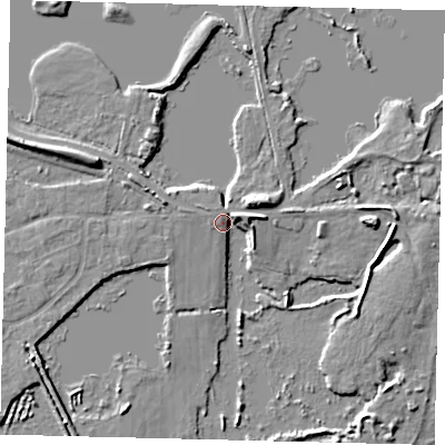 Shaded relief map of the ground around PE196ET, computed from Environment Agency LiDAR. The ground here sits at about 15 m above sea level and falls 6 m across the surrounding 800 m. Surface water reaching this point runs off ground lying to the west-north-west, 4.4 m higher.