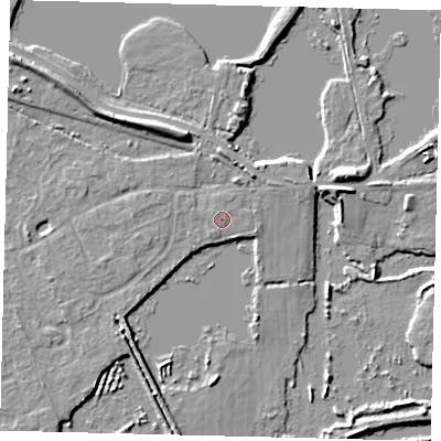 Shaded relief map of the ground around PE196HB, computed from Environment Agency LiDAR. The ground here sits at about 15 m above sea level and falls 7 m across the surrounding 800 m. Surface water reaching this point runs off ground lying to the north-west, 0.5 m higher.