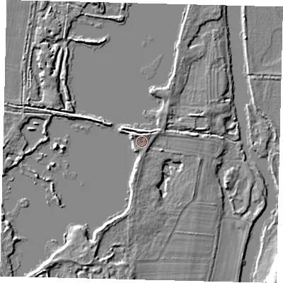 Shaded relief map of the ground around PE196HE, computed from Environment Agency LiDAR. The ground here sits at about 14 m above sea level and falls 9 m across the surrounding 800 m. Surface water reaching this point runs off ground lying to the north-west, 1.7 m higher.