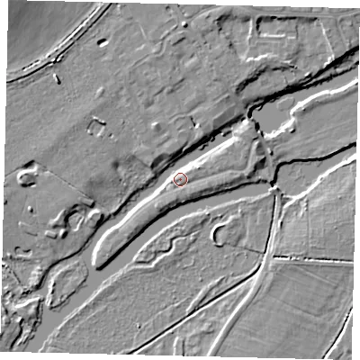 Shaded relief map of the ground around PE196LQ, computed from Environment Agency LiDAR. The ground here sits at about 15 m above sea level and falls 10 m across the surrounding 800 m. Surface water reaching this point runs off ground lying to the south-west, 2.7 m higher.