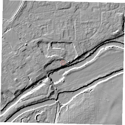 Shaded relief map of the ground around PE196LR, computed from Environment Agency LiDAR. The ground here sits at about 15 m above sea level and falls 7 m across the surrounding 800 m. Surface water reaching this point runs off ground lying to the north, 2.1 m higher.