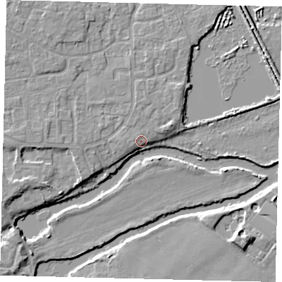Shaded relief map of the ground around PE196NH, computed from Environment Agency LiDAR. The ground here sits at about 15 m above sea level and falls 6 m across the surrounding 800 m. Surface water reaching this point runs off ground lying to the north-west, 2.6 m higher.