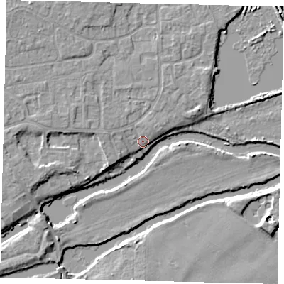 Shaded relief map of the ground around PE196NJ, computed from Environment Agency LiDAR. The ground here sits at about 15 m above sea level and falls 6 m across the surrounding 800 m. Surface water reaching this point runs off ground lying to the west, 4.1 m higher.