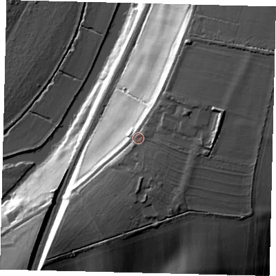 Shaded relief map of the ground around PE196RA, computed from Environment Agency LiDAR. The ground here sits at about 42 m above sea level and falls 38 m across the surrounding 800 m. Surface water reaching this point runs off ground lying to the east, 5.8 m higher.