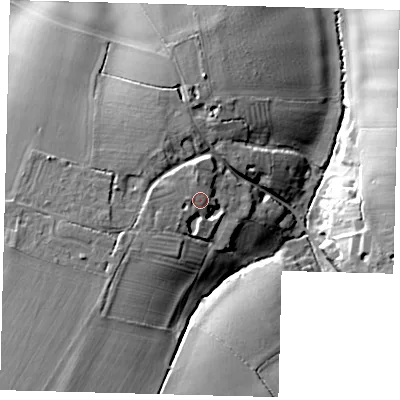 Shaded relief map of the ground around PE196SD, computed from Environment Agency LiDAR. The ground here sits at about 52 m above sea level and falls 22 m across the surrounding 800 m. Surface water reaching this point runs off ground lying to the west-south-west, 2.5 m higher.