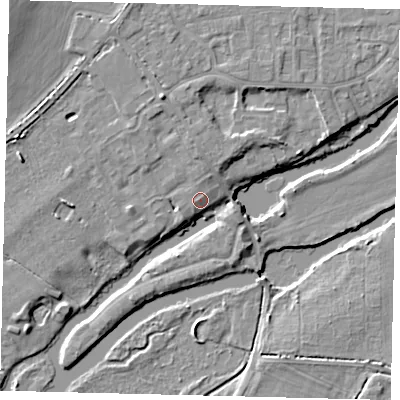 Shaded relief map of the ground around PE196SJ, computed from Environment Agency LiDAR. The ground here sits at about 17 m above sea level and falls 10 m across the surrounding 800 m. Surface water reaching this point runs off ground lying to the north, 0.6 m higher.