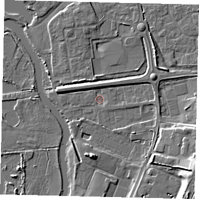 Shaded relief map of the ground around PE196YH, computed from Environment Agency LiDAR. The ground here sits at about 16 m above sea level and falls 14 m across the surrounding 800 m. Surface water reaching this point runs off ground lying to the east-south-east, 1.3 m higher.