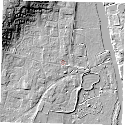 Shaded relief map of the ground around PE197AA, computed from Environment Agency LiDAR. The ground here sits at about 16 m above sea level and falls 17 m across the surrounding 800 m. Surface water reaching this point runs off ground lying to the west, 0.8 m higher.