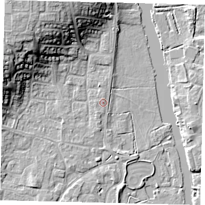 Shaded relief map of the ground around PE197AB, computed from Environment Agency LiDAR. The ground here sits at about 16 m above sea level and falls 18 m across the surrounding 800 m. Surface water reaching this point runs off ground lying to the north-west, 15.8 m higher.