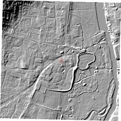 Shaded relief map of the ground around PE197AD, computed from Environment Agency LiDAR. The ground here sits at about 16 m above sea level and falls 15 m across the surrounding 800 m. Surface water reaching this point runs off ground lying to the north-west, 14.5 m higher.