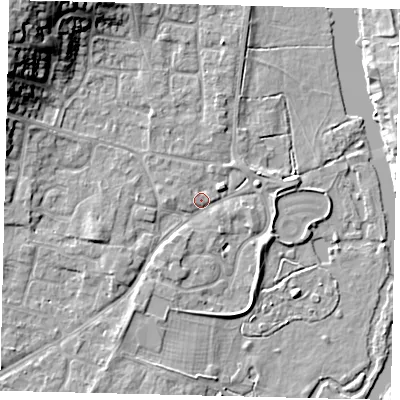 Shaded relief map of the ground around PE197AE, computed from Environment Agency LiDAR. The ground here sits at about 16 m above sea level and falls 16 m across the surrounding 800 m. Surface water reaching this point runs off ground lying to the north-west, 15.6 m higher.