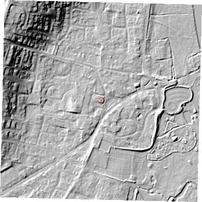 Shaded relief map of the ground around PE197AF, computed from Environment Agency LiDAR. The ground here sits at about 16 m above sea level and falls 18 m across the surrounding 800 m. Surface water reaching this point runs off ground lying to the north-west, 17.0 m higher.