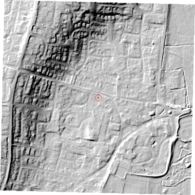 Shaded relief map of the ground around PE197AG, computed from Environment Agency LiDAR. The ground here sits at about 16 m above sea level and falls 18 m across the surrounding 800 m. Surface water reaching this point runs off ground lying to the north-west, 16.1 m higher.