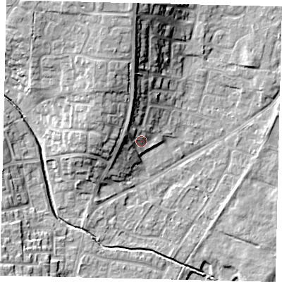 Shaded relief map of the ground around PE197AH, computed from Environment Agency LiDAR. The ground here sits at about 19 m above sea level and falls 16 m across the surrounding 800 m. Surface water reaching this point runs off ground lying to the north-west, 5.4 m higher.