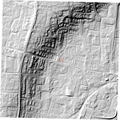 Shaded relief map of the ground around PE197AJ, computed from Environment Agency LiDAR. The ground here sits at about 16 m above sea level and falls 18 m across the surrounding 800 m. Surface water reaching this point runs off ground lying to the north-west, 15.1 m higher.