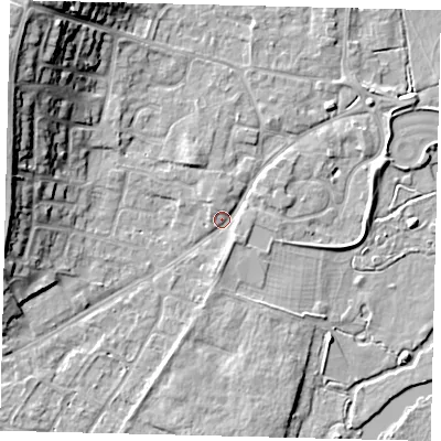 Shaded relief map of the ground around PE197AL, computed from Environment Agency LiDAR. The ground here sits at about 16 m above sea level and falls 17 m across the surrounding 800 m. Surface water reaching this point runs off ground lying to the west-north-west, 14.6 m higher.