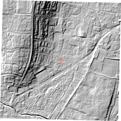 Shaded relief map of the ground around PE197AN, computed from Environment Agency LiDAR. The ground here sits at about 16 m above sea level and falls 16 m across the surrounding 800 m. Surface water reaching this point runs off ground lying to the west-north-west, 8.9 m higher.