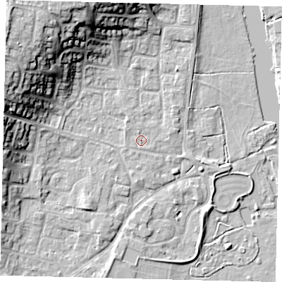 Shaded relief map of the ground around PE197AQ, computed from Environment Agency LiDAR. The ground here sits at about 16 m above sea level and falls 18 m across the surrounding 800 m. Surface water reaching this point runs off ground lying to the north-west, 0.7 m higher.