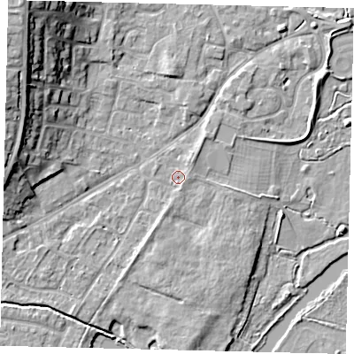 Shaded relief map of the ground around PE197AU, computed from Environment Agency LiDAR. The ground here sits at about 16 m above sea level and falls 16 m across the surrounding 800 m. Surface water reaching this point runs off ground lying to the south-east, 1.0 m higher.