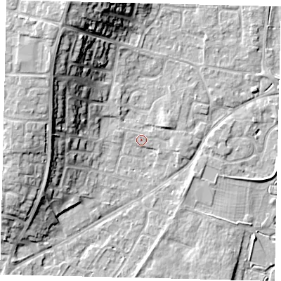 Shaded relief map of the ground around PE197AW, computed from Environment Agency LiDAR. The ground here sits at about 16 m above sea level and falls 17 m across the surrounding 800 m. Surface water reaching this point runs off ground lying to the west-north-west, 13.8 m higher.