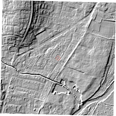 Shaded relief map of the ground around PE197AX, computed from Environment Agency LiDAR. The ground here sits at about 16 m above sea level and falls 14 m across the surrounding 800 m. Surface water reaching this point runs off ground lying to the west, 2.2 m higher.