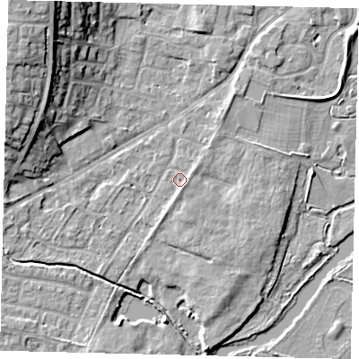 Shaded relief map of the ground around PE197AY, computed from Environment Agency LiDAR. The ground here sits at about 16 m above sea level and falls 14 m across the surrounding 800 m. Surface water reaching this point runs off ground lying to the south-south-west, 1.2 m higher.