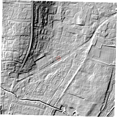 Shaded relief map of the ground around PE197BA, computed from Environment Agency LiDAR. The ground here sits at about 16 m above sea level and falls 16 m across the surrounding 800 m. Surface water reaching this point runs off ground lying to the north-north-west, 13.6 m higher.