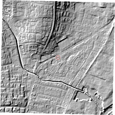 Shaded relief map of the ground around PE197BD, computed from Environment Agency LiDAR. The ground here sits at about 16 m above sea level and falls 15 m across the surrounding 800 m. Surface water reaching this point runs off ground lying to the north-north-west, 11.9 m higher.