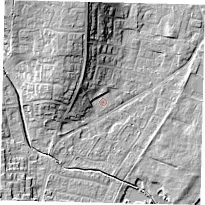 Shaded relief map of the ground around PE197BE, computed from Environment Agency LiDAR. The ground here sits at about 16 m above sea level and falls 15 m across the surrounding 800 m. Surface water reaching this point runs off ground lying to the north-west, 7.0 m higher.