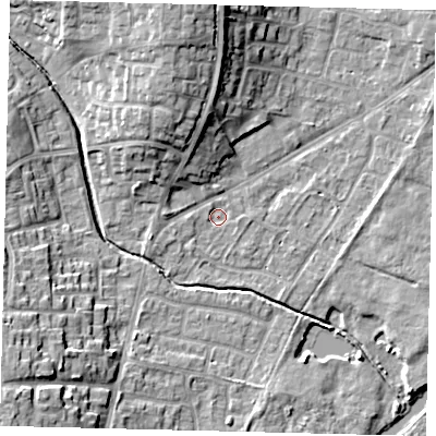 Shaded relief map of the ground around PE197BG, computed from Environment Agency LiDAR. The ground here sits at about 16 m above sea level and falls 15 m across the surrounding 800 m. Surface water reaching this point runs off ground lying to the north-north-west, 0.9 m higher.