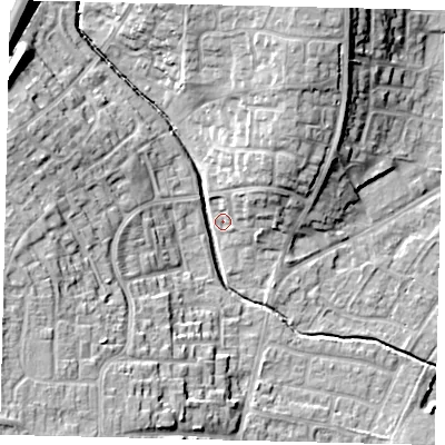 Shaded relief map of the ground around PE197DX, computed from Environment Agency LiDAR. The ground here sits at about 18 m above sea level and falls 17 m across the surrounding 800 m. Surface water reaching this point runs off ground lying to the north-west, 14.6 m higher.