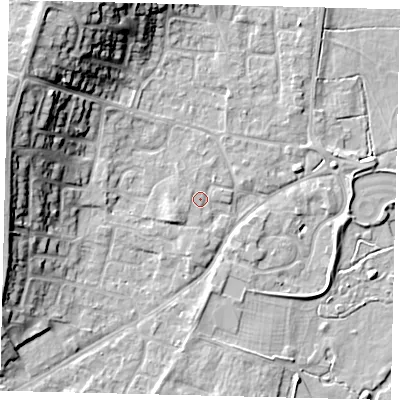 Shaded relief map of the ground around PE197DY, computed from Environment Agency LiDAR. The ground here sits at about 16 m above sea level and falls 18 m across the surrounding 800 m. Surface water reaching this point runs off ground lying to the south-west, 1.8 m higher.