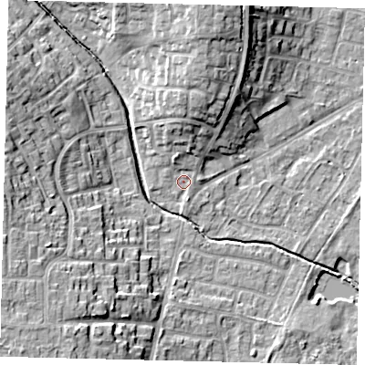 Shaded relief map of the ground around PE197EX, computed from Environment Agency LiDAR. The ground here sits at about 17 m above sea level and falls 16 m across the surrounding 800 m. Surface water reaching this point runs off ground lying to the north, 6.0 m higher.