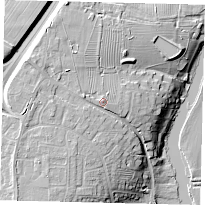 Shaded relief map of the ground around PE197GE, computed from Environment Agency LiDAR. The ground here sits at about 30 m above sea level and falls 19 m across the surrounding 800 m. Surface water reaching this point runs off ground lying to the north-west, 3.4 m higher.