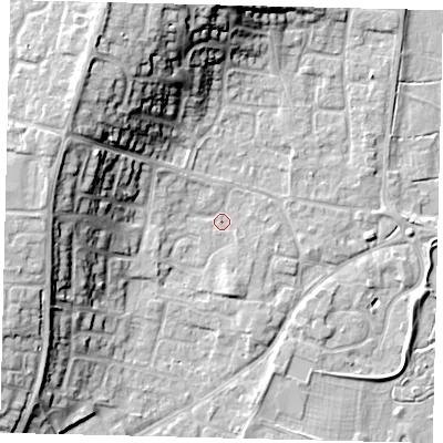 Shaded relief map of the ground around PE197JL, computed from Environment Agency LiDAR. The ground here sits at about 16 m above sea level and falls 18 m across the surrounding 800 m. Surface water reaching this point runs off ground lying to the north-west, 15.5 m higher.
