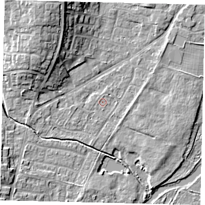 Shaded relief map of the ground around PE197JT, computed from Environment Agency LiDAR. The ground here sits at about 16 m above sea level and falls 14 m across the surrounding 800 m. Surface water reaching this point runs off ground lying to the west-south-west, 2.2 m higher.