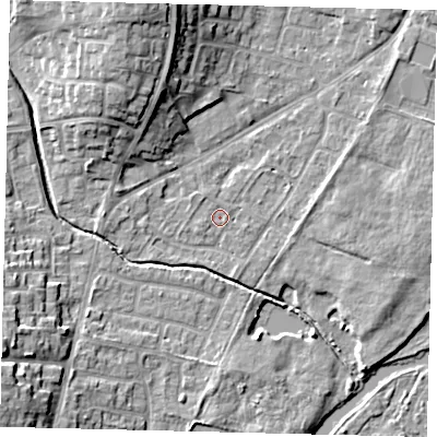 Shaded relief map of the ground around PE197JU, computed from Environment Agency LiDAR. The ground here sits at about 16 m above sea level and falls 14 m across the surrounding 800 m. Surface water reaching this point runs off ground lying to the west, 2.2 m higher.