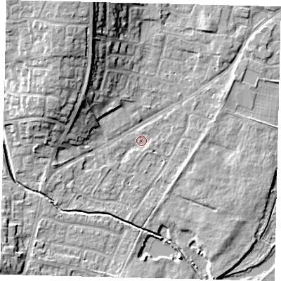 Shaded relief map of the ground around PE197JW, computed from Environment Agency LiDAR. The ground here sits at about 16 m above sea level and falls 14 m across the surrounding 800 m. Surface water reaching this point runs off ground lying to the south-east, 1.2 m higher.