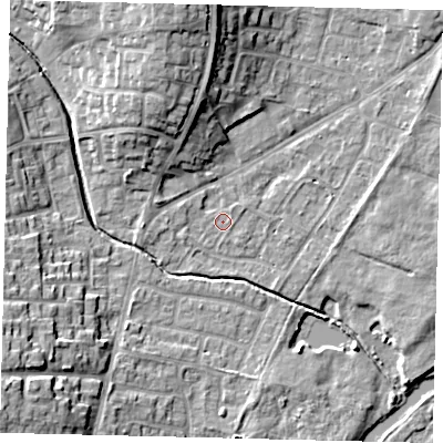 Shaded relief map of the ground around PE197JX, computed from Environment Agency LiDAR. The ground here sits at about 16 m above sea level and falls 15 m across the surrounding 800 m. Surface water reaching this point runs off ground lying to the north-west, 0.9 m higher.