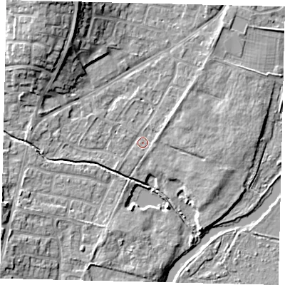 Shaded relief map of the ground around PE197JZ, computed from Environment Agency LiDAR. The ground here sits at about 16 m above sea level and falls 13 m across the surrounding 800 m. Surface water reaching this point runs off ground lying to the west, 2.2 m higher.