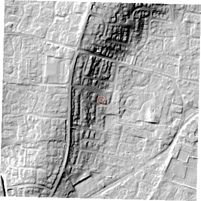 Shaded relief map of the ground around PE197NF, computed from Environment Agency LiDAR. The ground here sits at about 19 m above sea level and falls 16 m across the surrounding 800 m. Surface water reaching this point runs off ground lying to the west-north-west, 7.8 m higher.