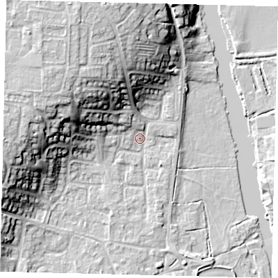 Shaded relief map of the ground around PE197RB, computed from Environment Agency LiDAR. The ground here sits at about 16 m above sea level and falls 18 m across the surrounding 800 m. Surface water reaching this point runs off ground lying to the north-north-west, 16.2 m higher.