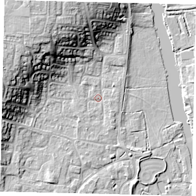 Shaded relief map of the ground around PE197RD, computed from Environment Agency LiDAR. The ground here sits at about 16 m above sea level and falls 18 m across the surrounding 800 m. Surface water reaching this point runs off ground lying to the south-west, 1.3 m higher.