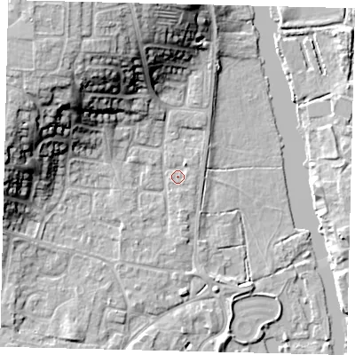 Shaded relief map of the ground around PE197RF, computed from Environment Agency LiDAR. The ground here sits at about 16 m above sea level and falls 18 m across the surrounding 800 m. Surface water reaching this point runs off ground lying to the south-west, 1.3 m higher.