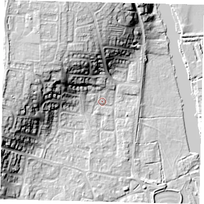 Shaded relief map of the ground around PE197RG, computed from Environment Agency LiDAR. The ground here sits at about 16 m above sea level and falls 18 m across the surrounding 800 m. Surface water reaching this point runs off ground lying to the north-west, 10.0 m higher.