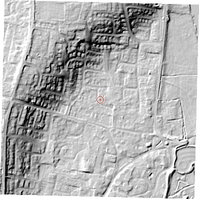 Shaded relief map of the ground around PE197RH, computed from Environment Agency LiDAR. The ground here sits at about 16 m above sea level and falls 18 m across the surrounding 800 m. Surface water reaching this point runs off ground lying to the north-west, 16.1 m higher.