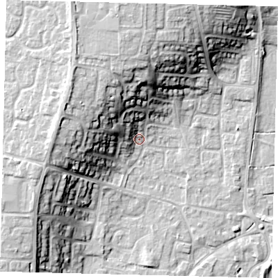 Shaded relief map of the ground around PE197RJ, computed from Environment Agency LiDAR. The ground here sits at about 17 m above sea level and falls 18 m across the surrounding 800 m. Surface water reaching this point runs off ground lying to the north-west, 15.1 m higher.
