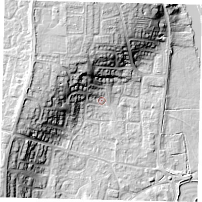 Shaded relief map of the ground around PE197RL, computed from Environment Agency LiDAR. The ground here sits at about 16 m above sea level and falls 18 m across the surrounding 800 m. Surface water reaching this point runs off ground lying to the north-north-west, 16.0 m higher.